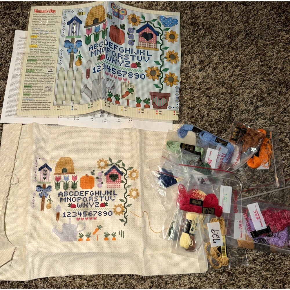 Cross Stitch Birdhouse Country Core Sampler 15x12 Partial Complete Floss As Pic